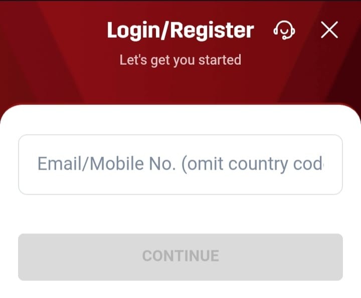 RS9 login and register screen with an input field for mobile number or email to start playing fantasy cricket.