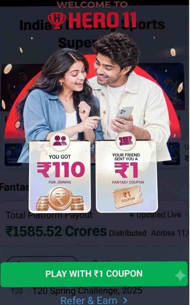 A young Indian couple smiling at a smartphone screen showcasing RS9 app refer and earn rewards, offering ₹110 joining bonus and ₹1 fantasy coupon.
